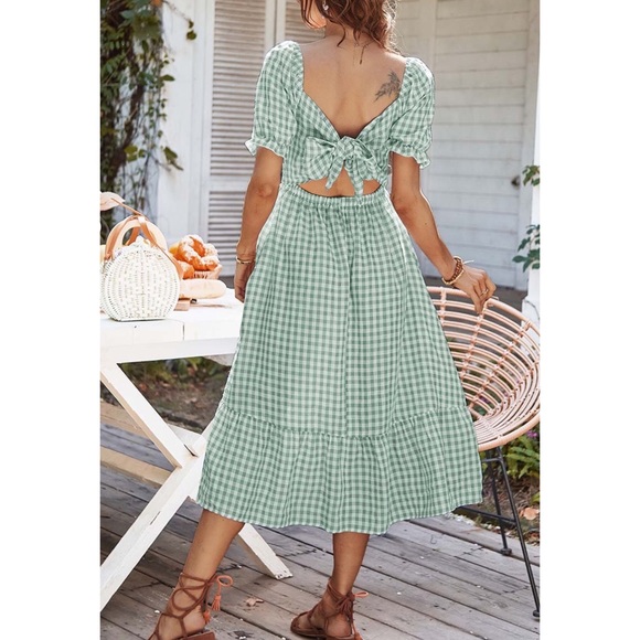 ๐ด Green Gingham Check Tie Back Midi Dress - Picture 3 of 6